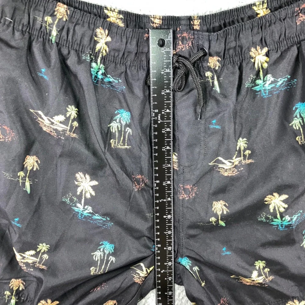 Burnside Swim‎ Trunks Men XL Black Lined Tropical Palm Tree Print Elastic Waist